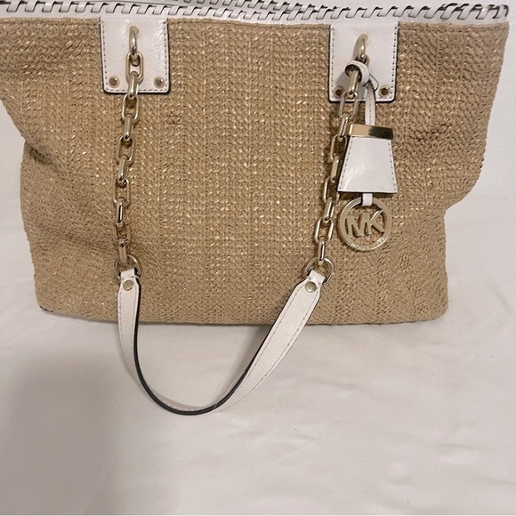 Michael Kors Straw Rosalie Tote Handbag with White Leather Straps and Gold EUC - Picture 1 of 14